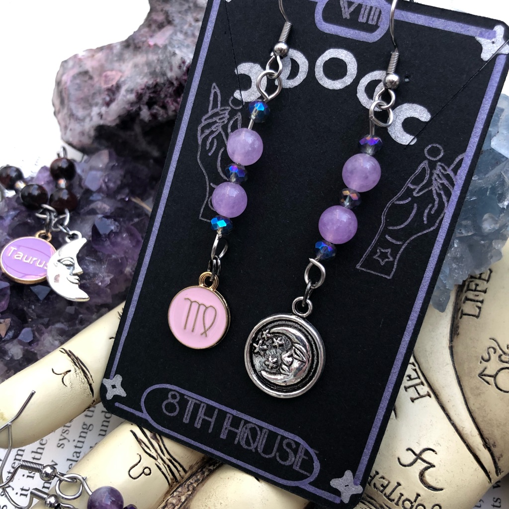Virgo Zodiac Sign Dangle Earrings - With Amethyst Gemstone Beads